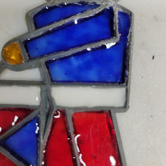 Vintage Drummer Boy Stained Glass Sun Catcher Blue Red Christmas Holiday - Picture 8 of 12